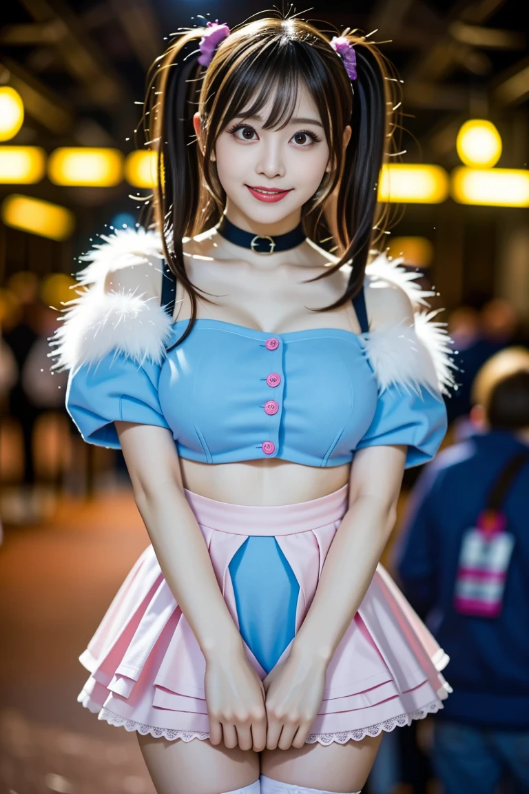 "Buxom Japanese cosplayer as anime character, 24 years old, height 155cm,
 exaggerated anime-like proportions (105-55-85 cm), impossibly large H-cup breasts,
 extremely tiny 55cm waist, shapely 85cm hips, long toned legs, flawless fair skin
 (RGB: 255, 240, 230), heart-shaped face, enormous expressive eyes (vivid blue,
 RGB: 30, 144, 255) taking up half of face, small button nose, small mouth with pink
 lips (RGB: 255, 182, 193) in a cute pout, long pink wig (RGB: 255, 192, 203) styled in
 twin tails reaching knees, heavy cosplay makeup with dramatic false eyelashes and
 bright pink blush, wearing a revealing magical girl costume: frilly pink and white
 mini-dress with plunging neckline, puffy sleeves, very short skirt, white thigh-high
 stockings, pink platform boots, large fairy wings, magical wand accessory, cute pose
 with V-sign hand gesture and winking, at a vibrant comic convention with colorful
 booth backgrounds and other cosplayers, high-energy convention lighting with
 multiple colored spotlights, high-contrast photography style emphasizing vivid colors
 and anime-like features, shot with Canon EOS R3 mirrorless camera, 24-70mm f/2.8
 lens at 35mm, ISO 800, 1/250 sec, 24MP resolution, focus on exaggerated features
 and costume details--ar 3:4--q 2--s 750--v 6.0--style raw