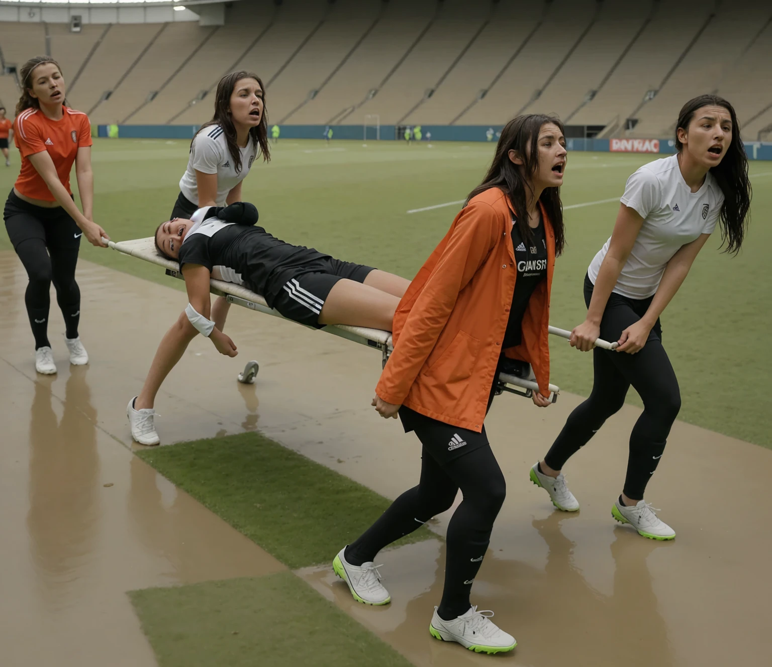 a soccer scene in a sports stadium, cool and wet weather conditions, humide ground, rainy sky, injury scene in a sports stadium, stretcher carry, there are four female medics carrying a stretcher, there are four female medics in very shiny coats who are carrying a stretcher in a sports stadium, there is a wounded male soccer player in a matte short cotton sports outfit lying on the stretcher, an injured male soccer player in matte cotton sportswear is lying in pain on a stretcher, a soccer player in matte cotton sports clothes is rearing up in intense pain while lying on a stretcher, dramatic scene, theatralic posing scene, dramatic pity scene, injury soccer, first aid, help, pity, there are four female medics in wetlook high-shine coats who are looking very sad and very terrified and very shocked, the injured soccer player is screaming out in pain while he is carried from the pitch on a stretcher