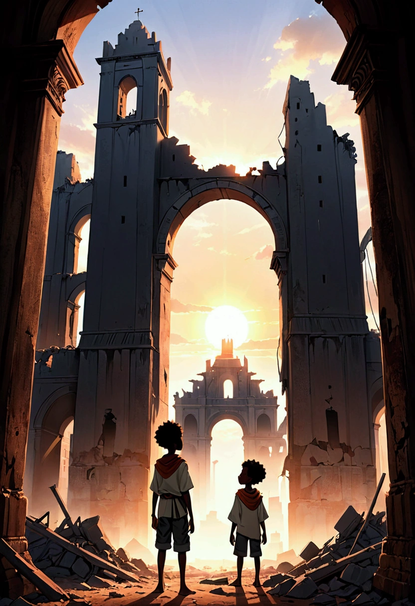 a ruin city where only a african boy is left alive, silhuete, por do sol,