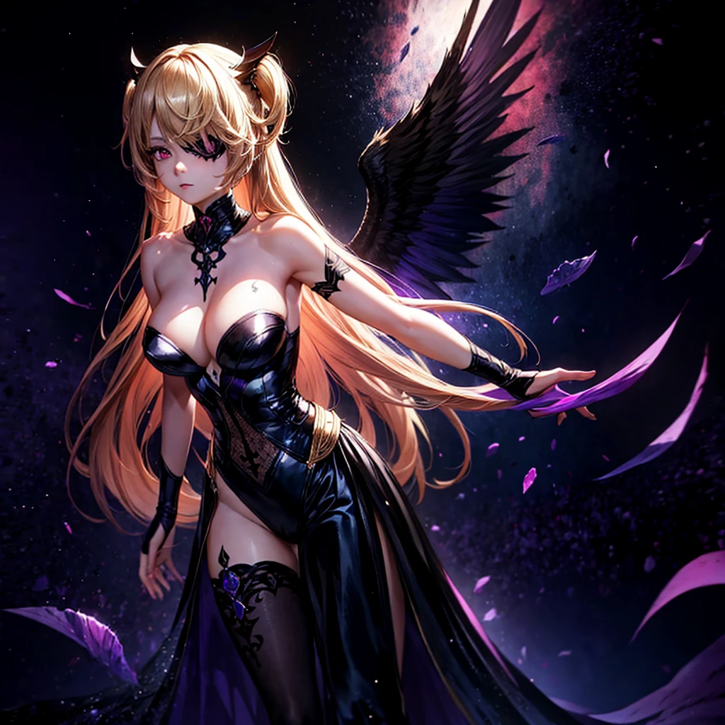 (1 girl, standing alone, AngelT), pink eyes, blonde hair with purple tips, long straight hair, black pants, partially nude, tempting outfit, tattoo marks on the body, wings, gaping mouth, looking ahead at viewer, eyes wide open, confused expression, black goddess, Veil on head, sleeveless divine outfit,ultra realistic skin, breasts big, air of mystique,4K, ultra realistic skin