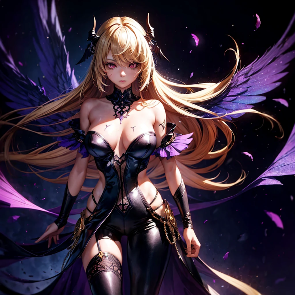 (1 girl, standing alone, AngelT), pink eyes, blonde hair with purple tips, long straight hair, black pants, partially nude, tempting outfit, tattoo marks on the body, wings, gaping mouth, looking ahead at viewer, eyes wide open, confused expression, black goddess, Veil on head, sleeveless divine outfit,ultra realistic skin, breasts big, air of mystique,4K, ultra realistic skin