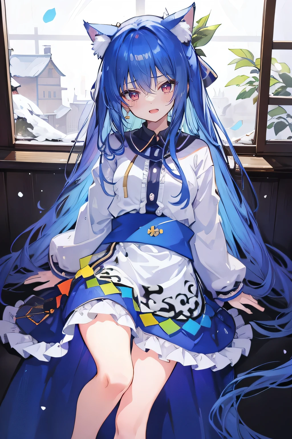 （masterpiece：1.2），Super detailed，lifelike，Expressive eyes，fair skin，perfect face shape，1 girl，
Japanese comics,Gorgeous blue hair,flowing blue hair,flowing clothes,Cat ears,Petals fall,beautiful lola,Baby Angel,
Shaking head with one hand，Cross your legs，Gentle and peaceful background，The pavilion is cool and comfortable,smile, wearing hoodie, In front of the window,snowing