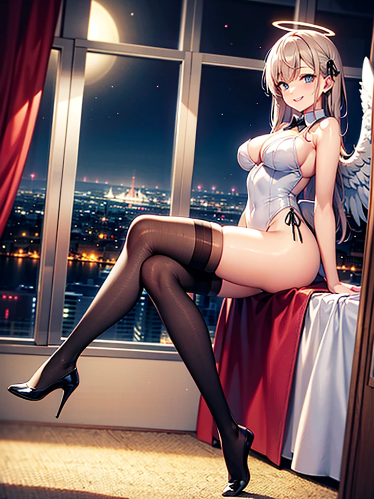 Highest Resolution,8K quality,Smiling beautiful girl in maid leotard,High leg,Frills,White angel wings on your back,Halo,Bedroom,Night view outside the window,Very beautiful eyes,whole body,front,Knee-high stockings,
