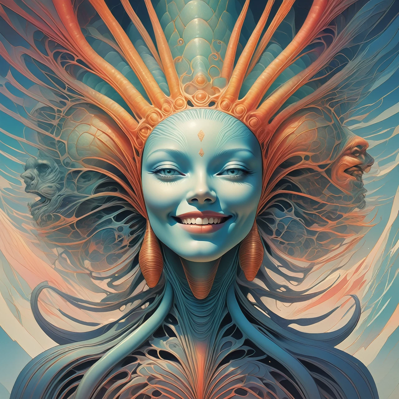 a  with a full head of intricate scars, smiling at a group of impressionistic, alien-like creatures, in a fantastical, otherworldly environment, vibrant colors, cinematic lighting, by Aleksi Briclot and Quentin Deronzier

a geometric diagram of a classically beautiful face, inspired by the BeautyPlus project, showcasing the intricate distortions and movements of the zygomatic and occipital regions, bathed in an impressionist, almost organic color palette, Zoroastrian-influenced