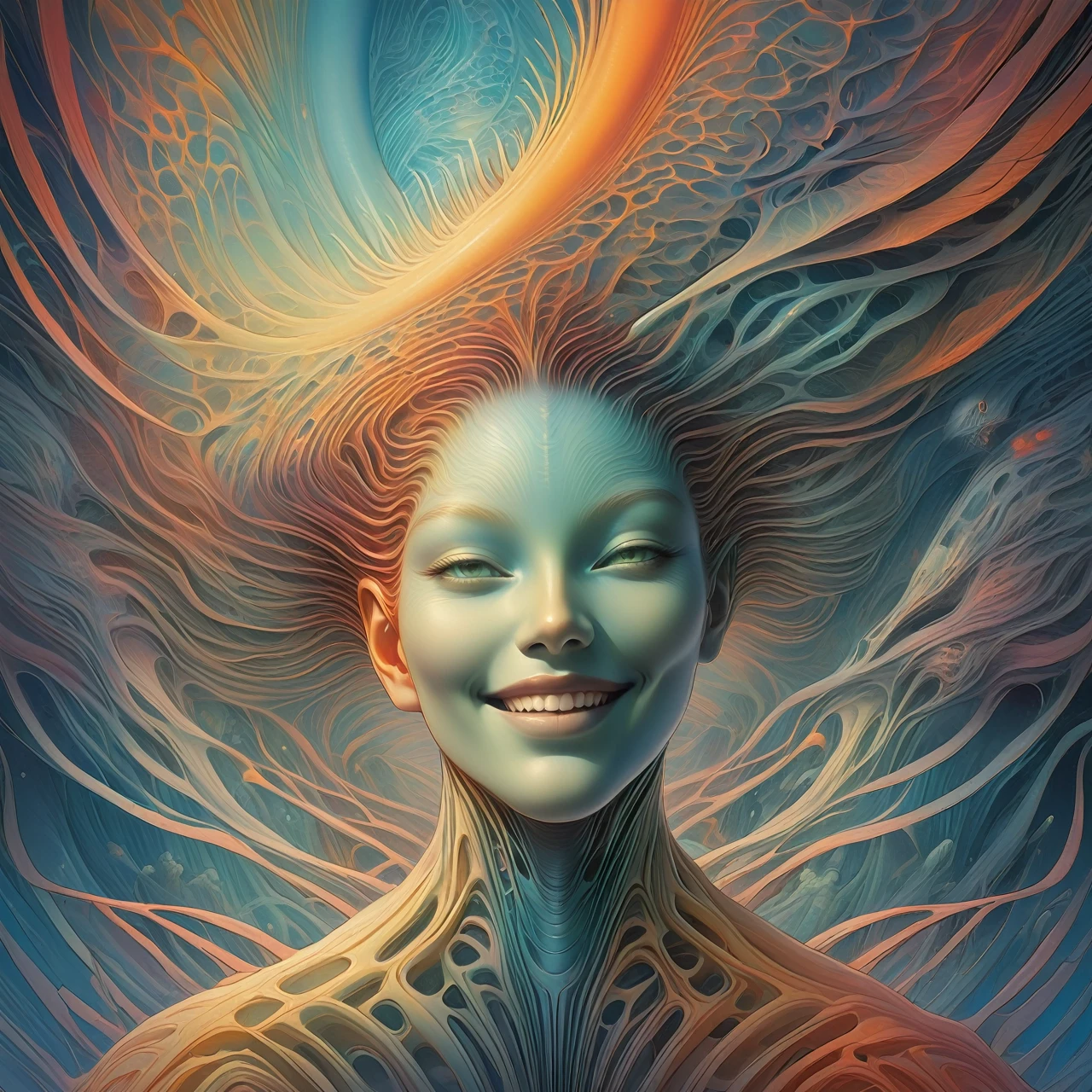 a  with a full head of intricate scars, smiling at a group of impressionistic, alien-like creatures, in a fantastical, otherworldly environment, vibrant colors, cinematic lighting, by Aleksi Briclot and Quentin Deronzier

a geometric diagram of a classically beautiful face, inspired by the BeautyPlus project, showcasing the intricate distortions and movements of the zygomatic and occipital regions, bathed in an impressionist, almost organic color palette, Zoroastrian-influenced