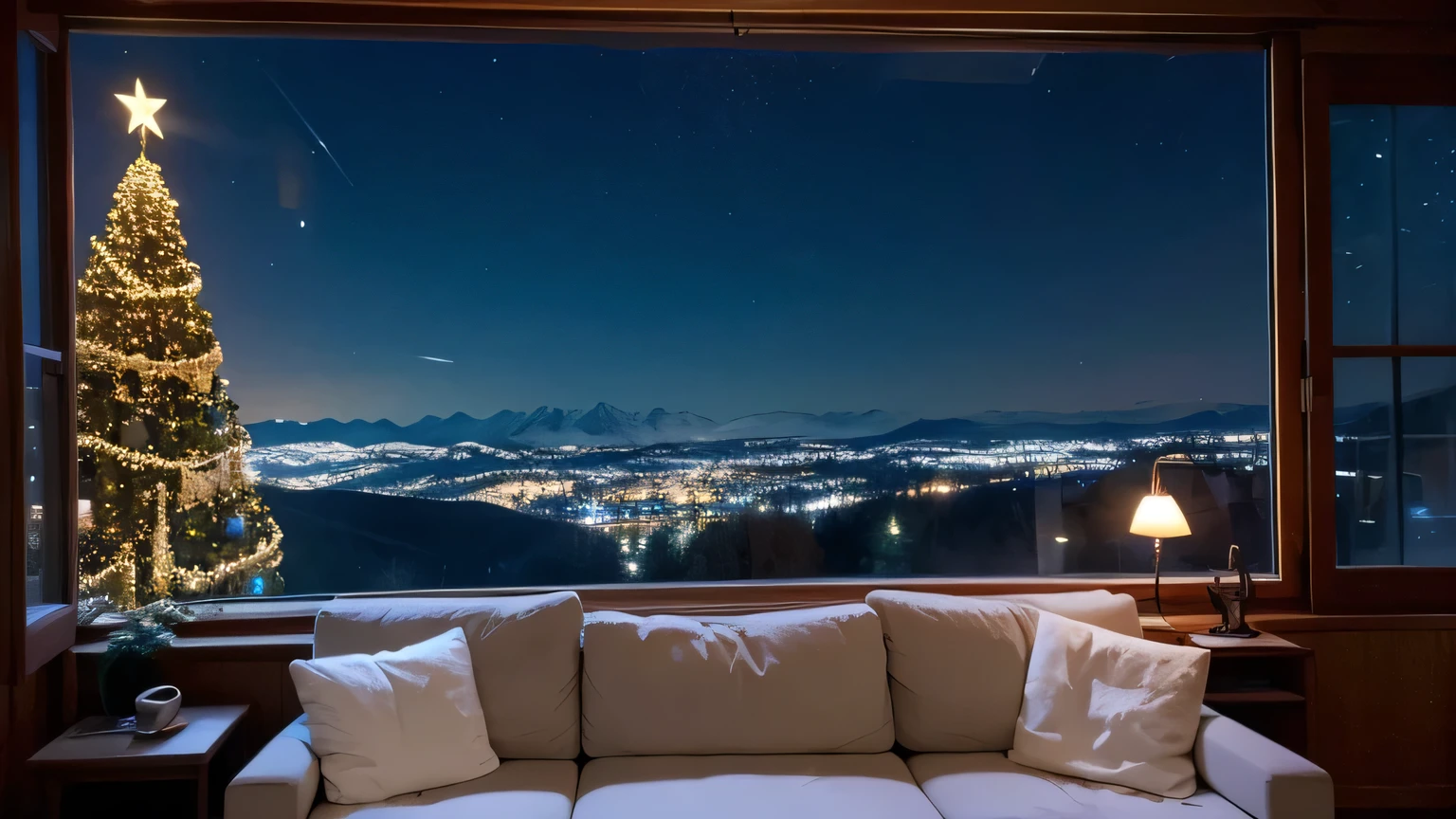 Floor-to-ceiling windows，There is a sofa in front of the window，night，There are stars，Snow on trees，There are oil lamps on the table，There is a Christmas tree。There are mountains in the distance