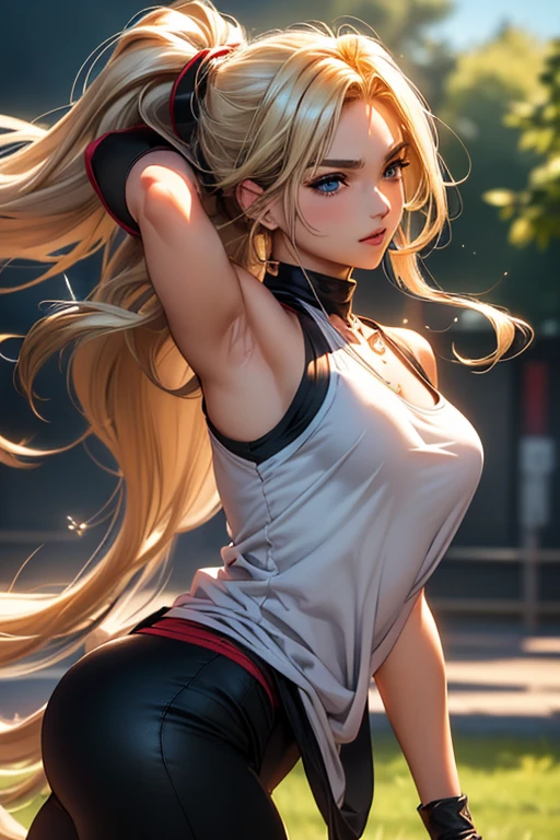 (masterpiece), anime, highest quality, Excellent anatomy, One Girl, On my knees, Big Breasts, Realistic Face, Gloomy face, Blonde Hair, Filmography, blue eyes, Ponytail Hair , Red hairpin, White shorts, Blue Top, belly button, Sleeveless, White Running Shoes, Hidden Breasts, Hidden neck, Gym