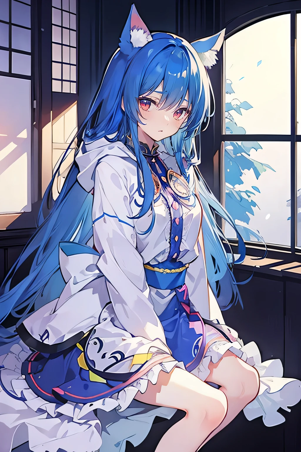 (masterpiece:1.2),Super detailed,lifelike,Expressive eyes,fair skin,perfect face shape,1 girl,
Japanese comics,Gorgeous blue hair,flowing blue hair,flowing clothes,Cat ears,Petals fall,beautiful lola,Baby Angel,
Shaking head with one hand,Cross your legs,Gentle and peaceful background,The pavilion is cool and comfortable,smile, wearing hoodie, In front of the window,snowing,Clear sky,Witch costume。