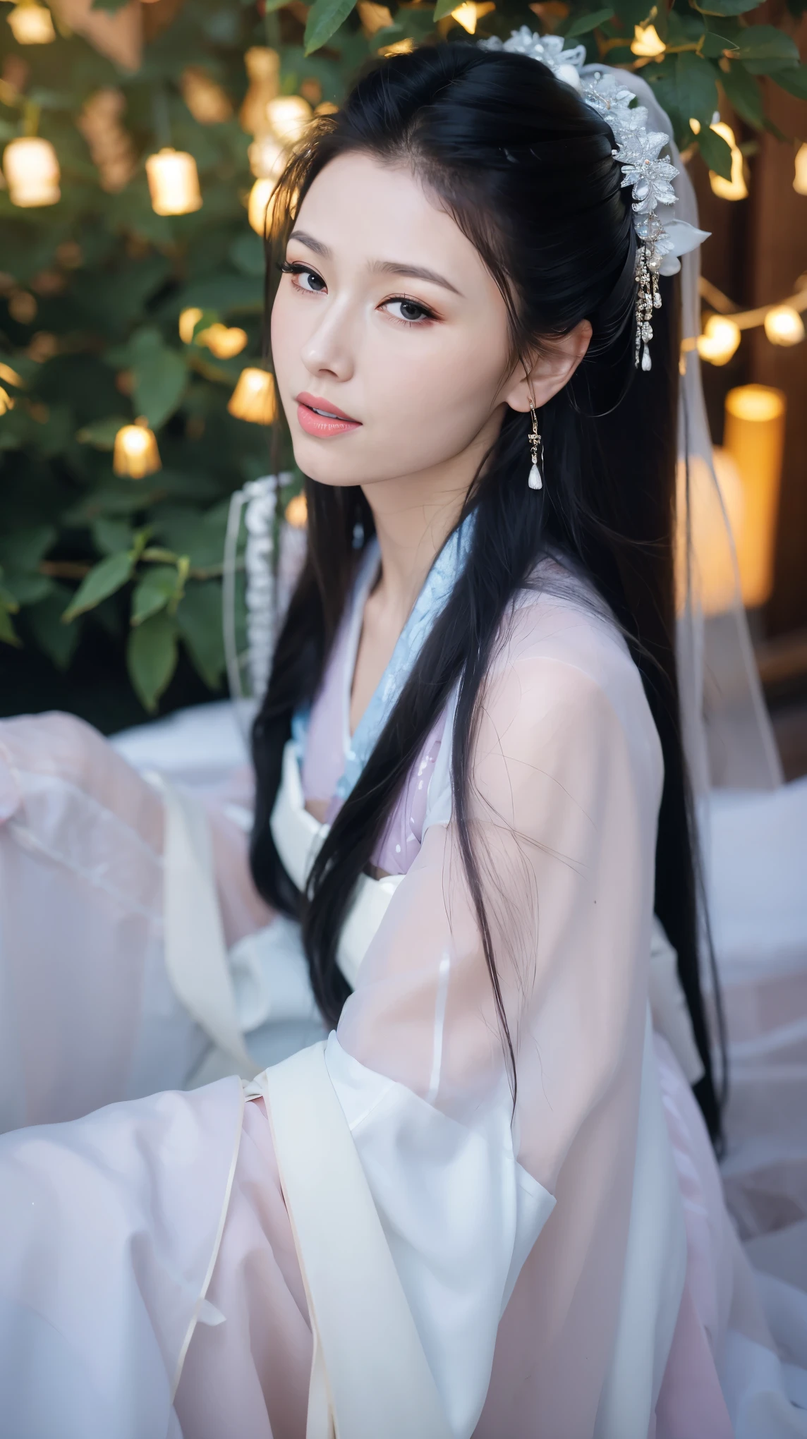 1 fashion model 18 years old [[[[close up]]]], [[[[neck]]]], [[[[Shoulder]]]], (((Complete head)))，(((Complete hairstyle)))，Perfect eyes, Perfect Iris，Perfect lips，Perfect Teeth，Perfect skin，White skin，Soft headlight，High-density imaging，Black long hair，（Clean and delicate face），((Simple white Hanfu))，((Half-length photo))，((night))，((Chinese Lanterns))，((Various dynamic poses))，((The background is the bedroom))，best quality，masterpiece，（Soft colors：1.2）