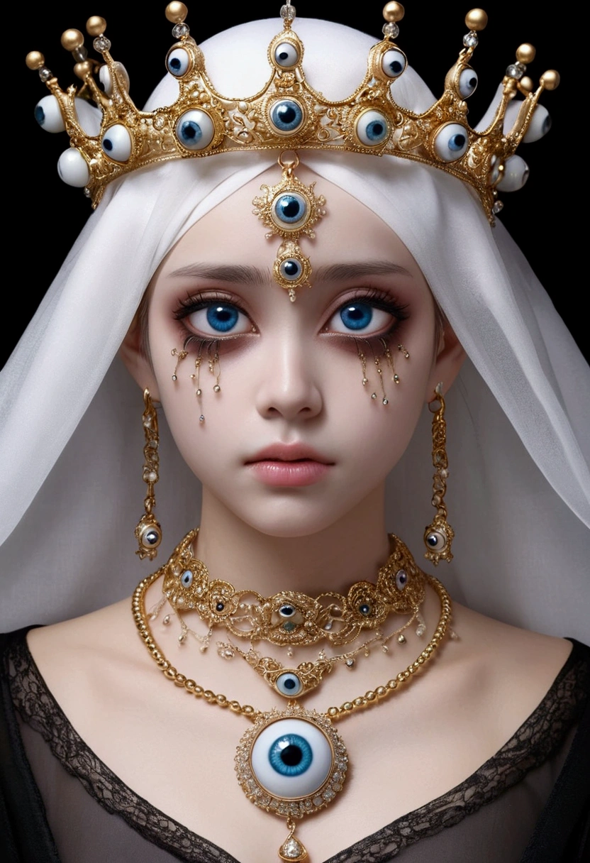 Grotesque Aesthetics：Girl with extra eyes，Tears，There are many eyeballs growing on the skin of the face，Eyeball Necklace，Eyeball Crown，Realistic eyeballs，teeth，Distorted face， Solitary，black background，crown，veil，Hands touch your face，3D eye bead necklace，
