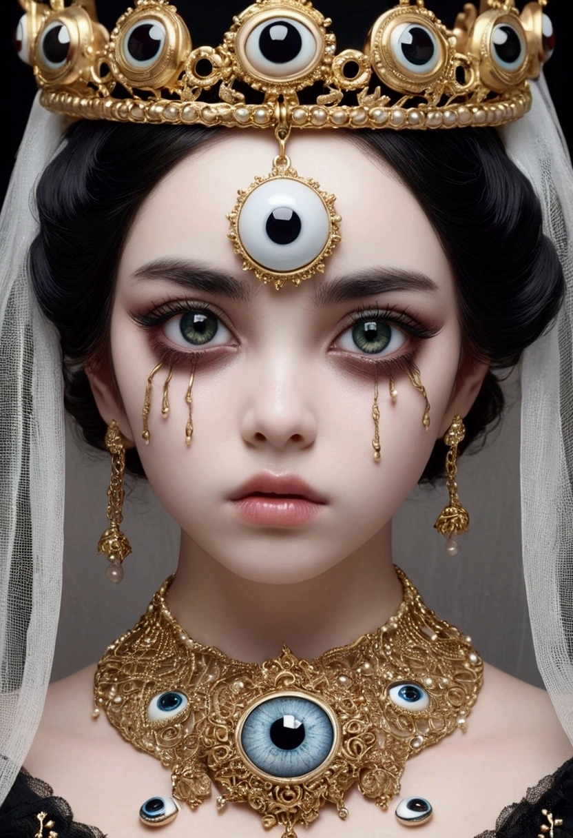 Grotesque Aesthetics：Girl with extra eyes，Tears，There are many eyeballs growing on the skin of the face，Eyeball Necklace，Eyeball Crown，Realistic eyeballs，teeth，Distorted face， Solitary，black background，crown，veil，Hands touch your face，3D eye bead necklace，
