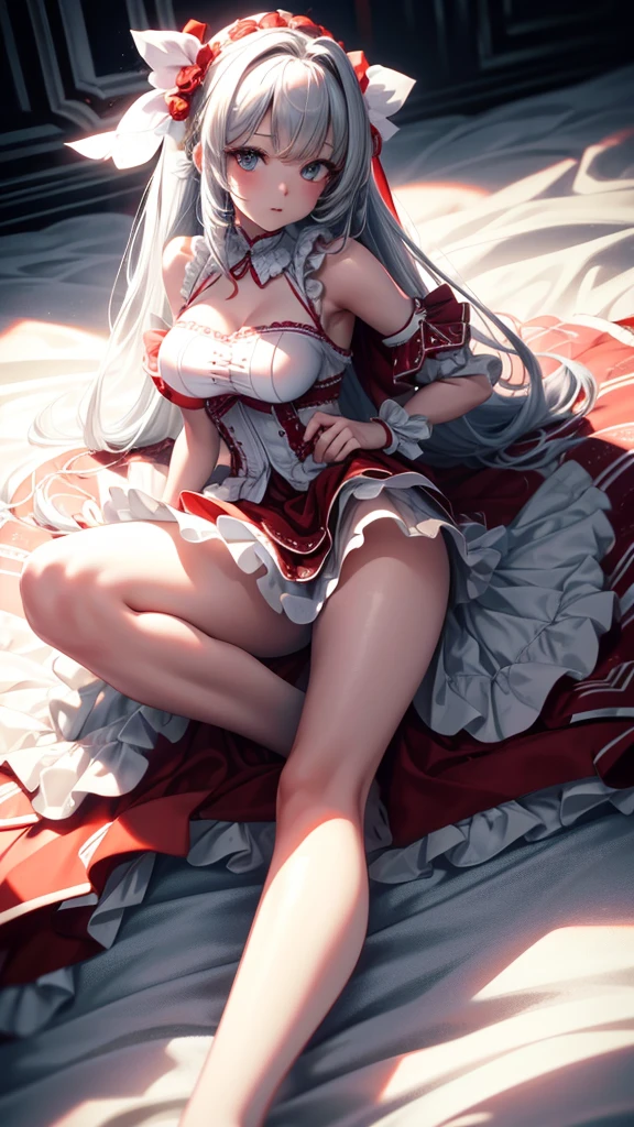 ((the Extremely Detailed CG Unity 8K Wallpapers)), masutepiece, Ultra-detailed, floating,,High resolution, Sexually suggestive, (Petite, ridiculously long gray hair, Princess, White Devil Taoism, Blue eyes, (White and red see-through gorgeous panties、Long sleeves and intricate embroidery), Bridal Veil, circlet, bridal gauntlets, Blushing, Shy,Glamorous Bra,Skinny Legs,Body with soft surface,White panty,Open your crotch,embarrassed from,Wear red pin heels,low angles,