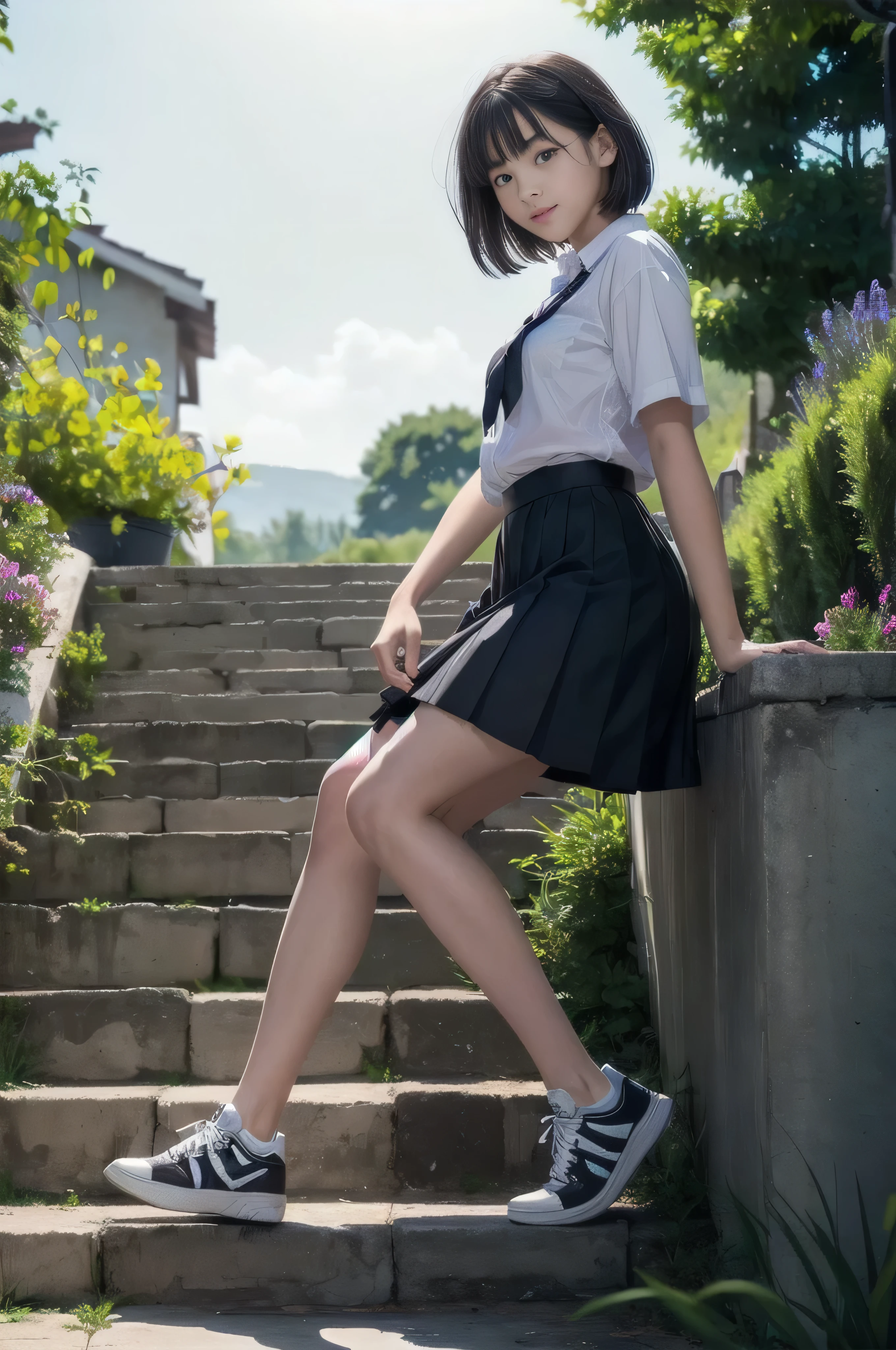 (Raw quality:1.4), Very cute and beautiful high school girl,(Very exquisite beautiful face and eyes:1.2),14 years old, short hair,
smile,Black Hair,(Checked skirt),(From below:1.2),Recall,(From behind),Leaning forward,(Cowboy Shot),Beautiful feet,White panties,
garden,Stone stairs,
(Highest quality,masterpiece:1.2),Intricate details,High resolution,1 Girl,alone,Cinema Lighting, sneakers,