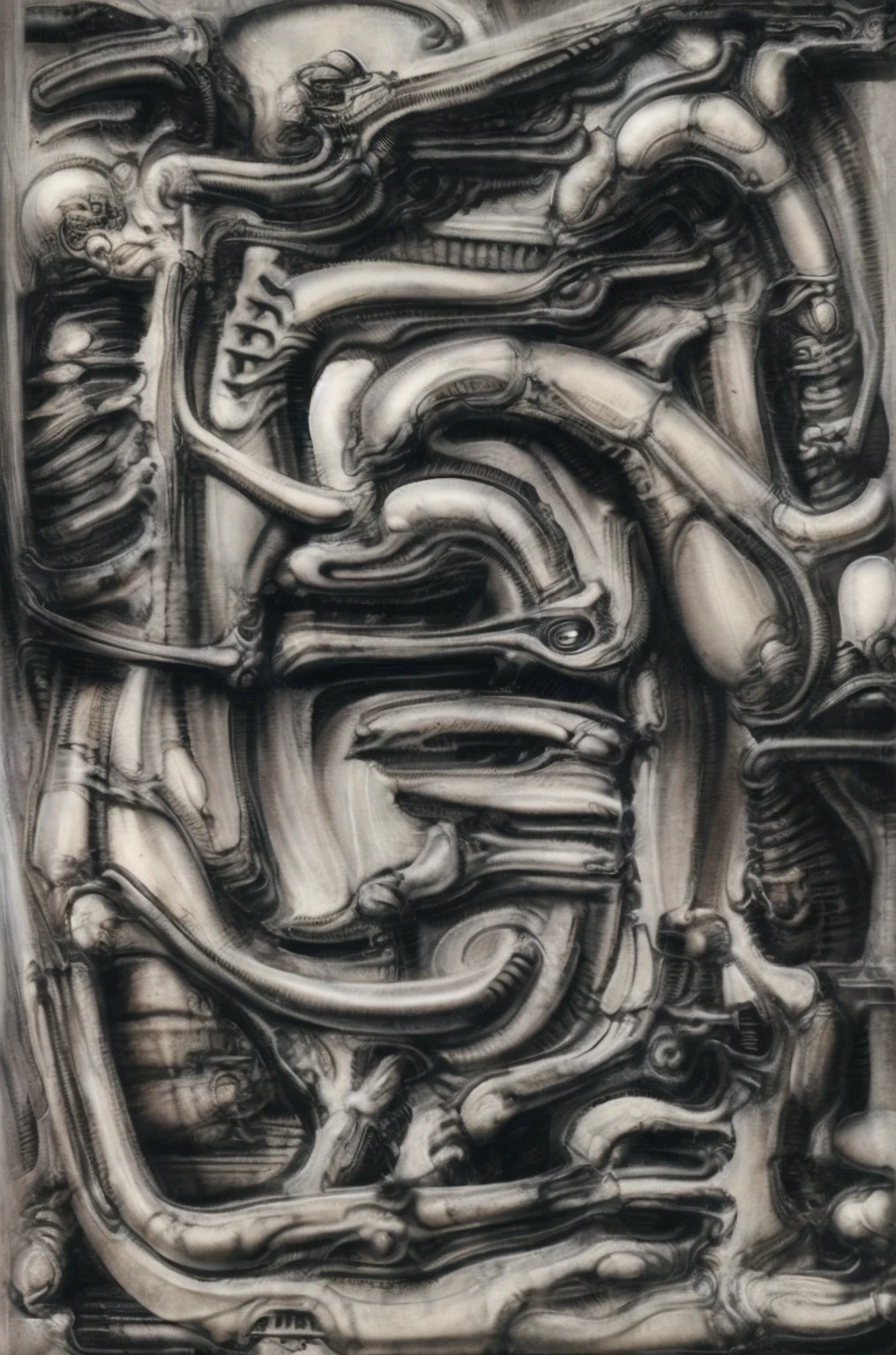 g1g3r, xGiger, The image is a detailed view of H.R. Giger's \" biomechanical landscape no 312\" plate, featuring a complex network of bones and organs in a purple-brown hue ,swirling gray and brown colors. group of  alien corpses positioned in the foreground. Emaciated and skeletal, with hollow eyes, they appear to be constructed from bone and metallic elements, a characteristic fusion of organic and mechanical forms found in Giger's biomechanical art. of fossilized beings of ivorish with multiple arms and legs, resembling a group of octopi.  The image depicts a complex, intricate, and detailed design that appears to be a fusion of organic and mechanical elements, with a focus on the interplay between the two.