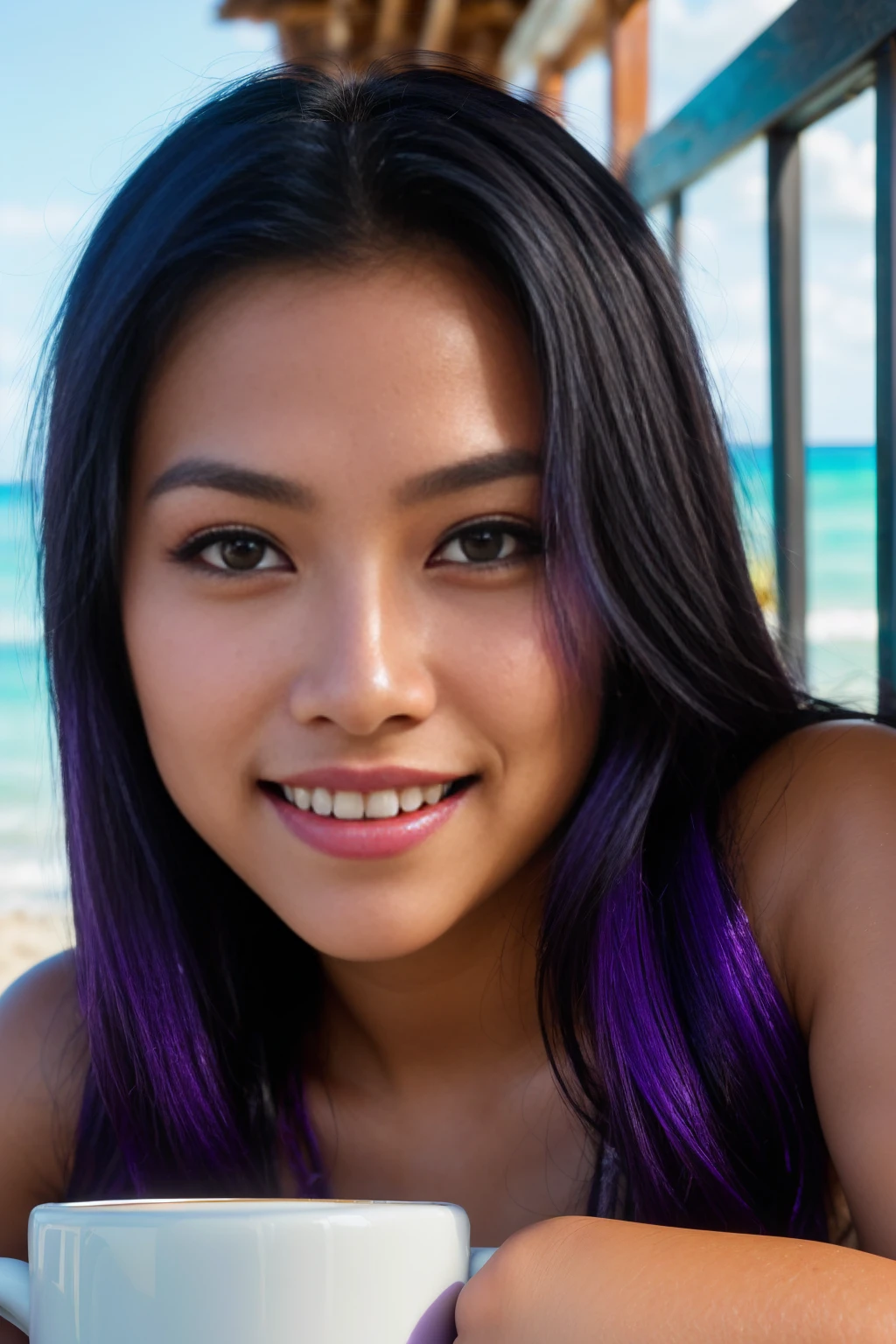 photo of female  (((lying))) on the beach long black hair with (((purple high lights)))  in RAW UHD format (Brown-eyed woman)  Details (textures! , , imperfections: 1.1), DSLR Lighting, SLR camera, Ultra-Quality, sharpness, Film grain, Fujifilm XT3, Crystal clear, sharp-focus, sunshine , neon lighting,  (lit), day time, (blue  sky), detailed skin pores, oilly skin, suntan, ocean in background, sharp, focused. razor-sharp, composition, light and shadow, smiling, half thai half scandinavian, (((purple high lights))), ((mug of coffee))