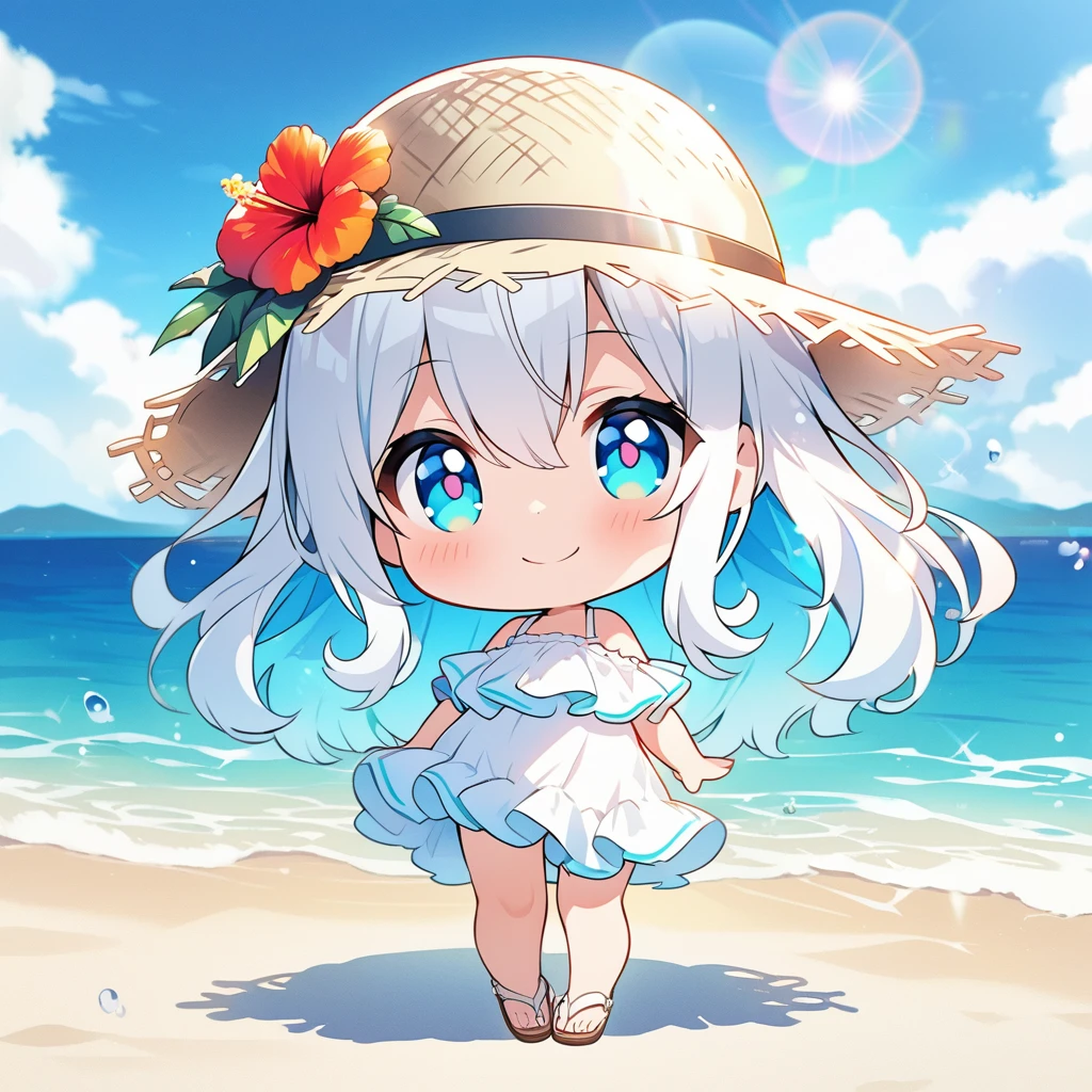masterpiece, best quality, 4k、2D illustration, one beautiful girl, solo、(((chibi style)))、((vivid colors))、cute chibi, lovely chibi、((colorful))、((long beautiful hair)), glossy white hair, hair between eyes, cute, beautifully detailed eyes、((white summer dress))、((straw hat))、hibiscus hair ornament, flip-flops, ((happy smile))、((full body shot))、((summer beach))、((calm sea))、((blue sky))、sunbeam, white light, ((lens flare)), ((high color saturation)), 