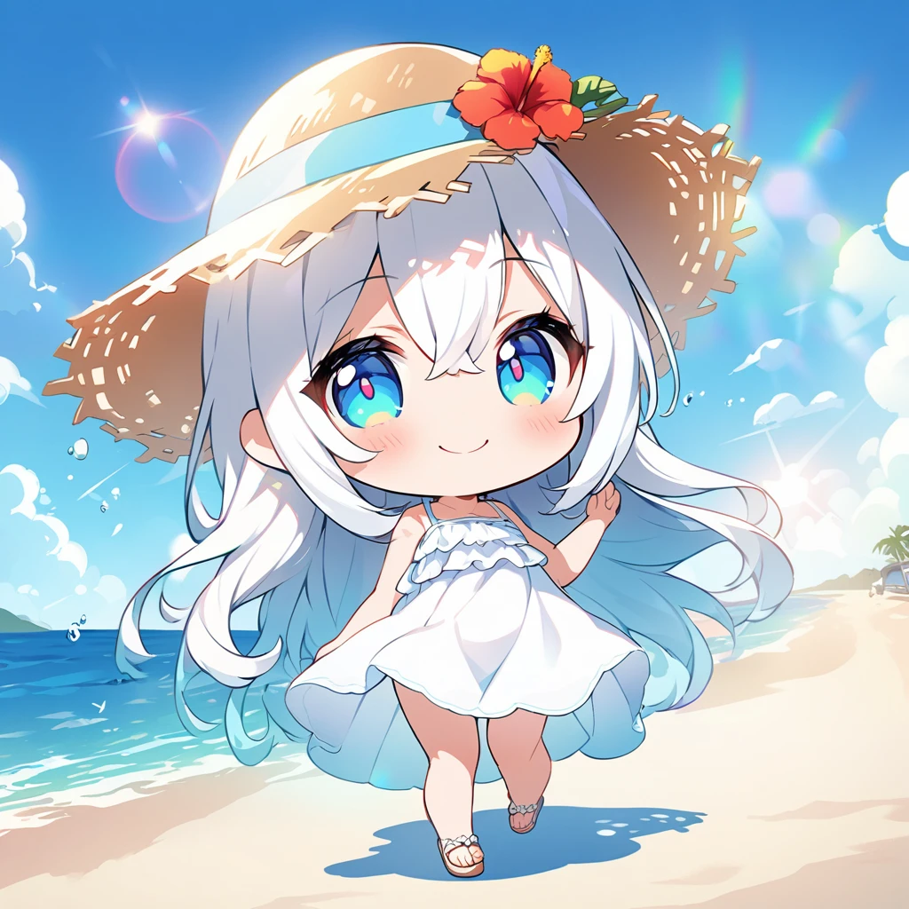 masterpiece, best quality, 4k、2D illustration, one beautiful girl, solo、(((chibi style)))、((vivid colors))、cute chibi, lovely chibi、((colorful))、((long beautiful hair)), glossy white hair, hair between eyes, cute, beautifully detailed eyes、((white summer dress))、((straw hat))、hibiscus hair ornament, flip-flops, ((happy smile))、((full body shot))、((summer beach))、((calm sea))、((blue sky))、sunbeam, white light, ((lens flare)), ((high color saturation)), 