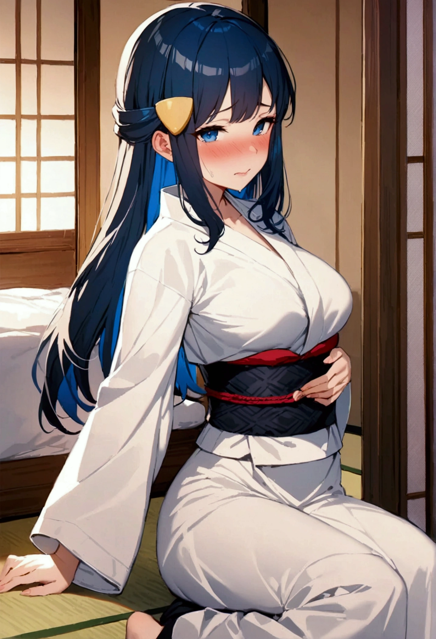 NSFW,masterpiece,Highest quality,High resolution,Super detailed,dawn_\(pokemon\),blue eyes, Blue Hair, Long Hair, Side Lock, Hair Clip,High-quality yukata,Embarrassed,blush,Inn at night,Japanese-style room,tatami,futon,(Hypnosis),(brainwashing),(Middle-aged men),A man puts his hands on her waist and hugs her