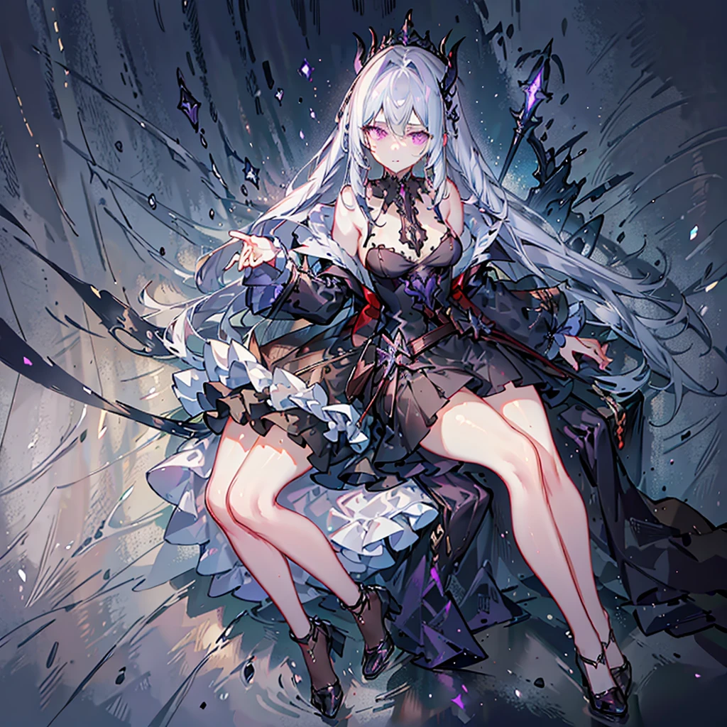 1 dark angel is praying, knee down, wings, simple plain background, flowers and sword, view from her right side, diamond, smoke, lolita white long dress, rage, bloody, 8k, hd, unreal engine, dreamy, romantic