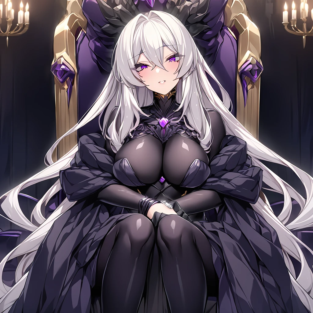 ((Highest quality)), ((masterpiece)), (detailed), (Perfect Face)、The woman has dark exterior, medium-long silver hair, and is wearing an engagement ring.、The man is the evil leader, Naioro, a handsome man with medium-long blonde hair and a black bodysuit.、A man and a woman are sitting close together on a luxurious throne、A man and a woman are a deeply loving couple