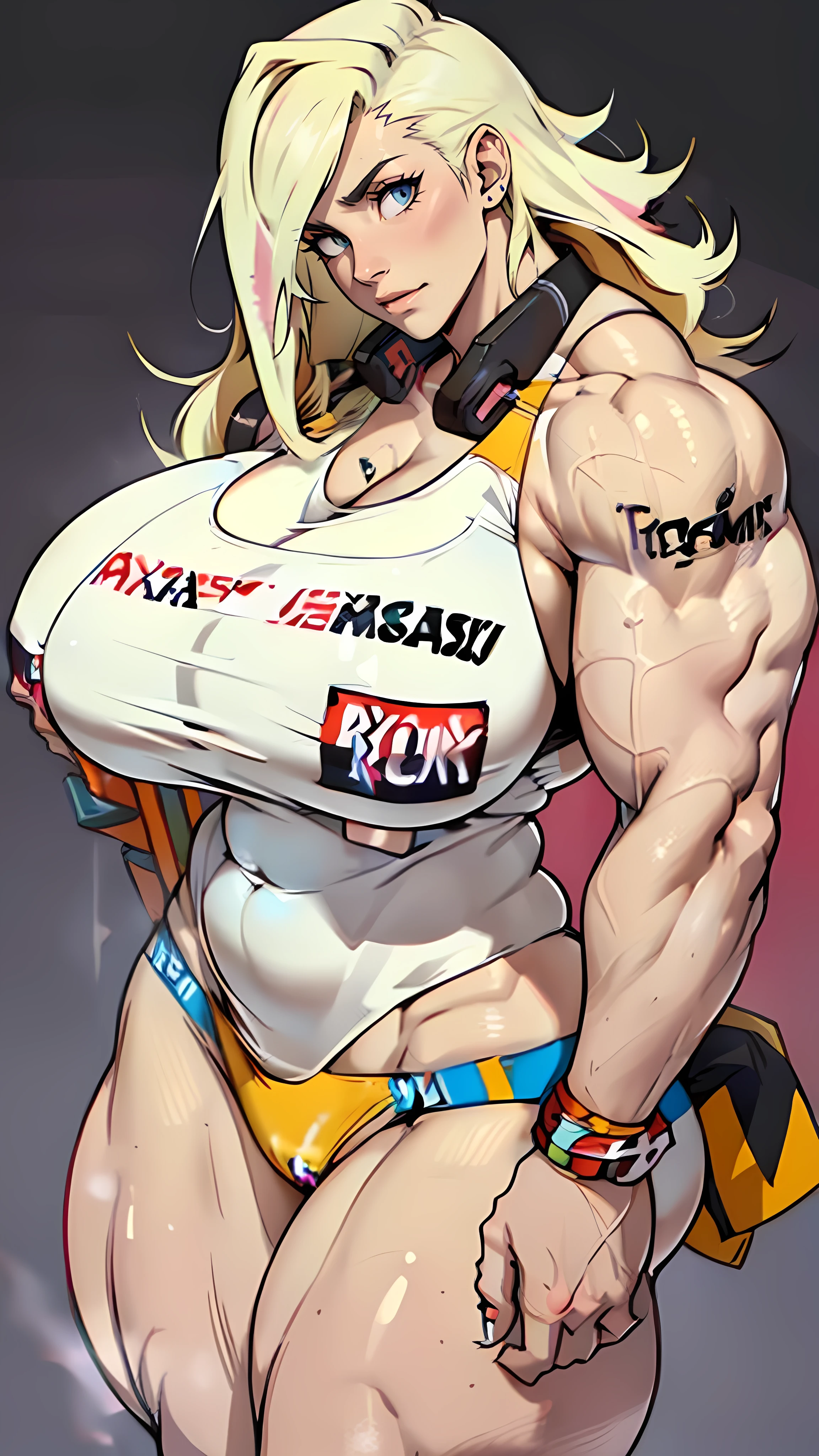 sad pale (Massive Female Bodybuilder:2) with (Huge breasts:2) black hair yellow eyes (transparent micro bikini)