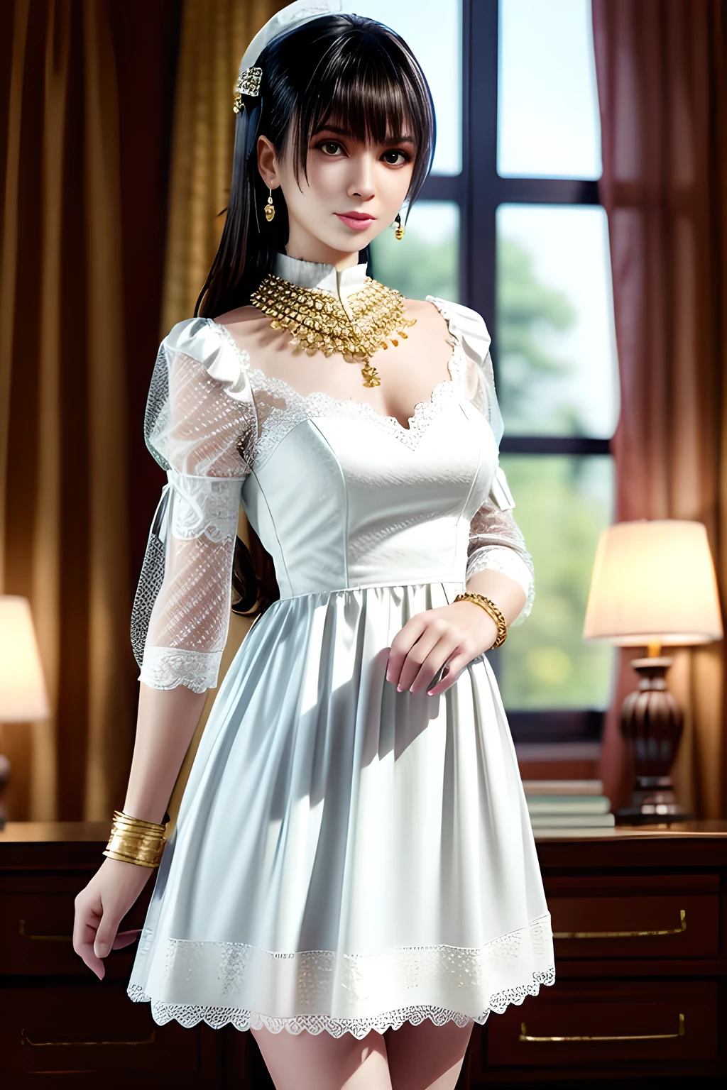 1girl is wearing a graceful white dress with a pearl necklace. The dress is adorned with delicate lace and has capped sleeves. The fabric is embellished with sparkling accents resembling stars. The person is also wearing a gold bracelet on their left wrist. Their hair is styled in an elegant updo, and they are wearing dangling earrings. The background features an indoor setting with soft lighting, a floor lamp, and translucent curtains that let in gentle daylight, creating a serene and sophisticated atmosphere,Nanami