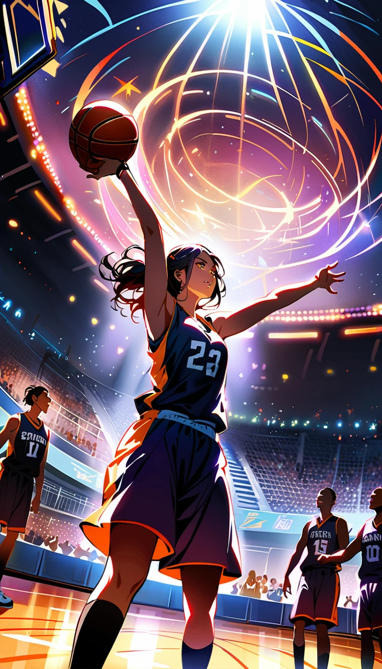 full body shot, low angle shot, game-wining dunk, jumping, basket, (A woman basketball player,1girl,beautiful detailed eyes,beautiful detailed lips,extremely detailed eyes and face,longeyelashes,intense focused expression, game-winning dunk, long and high jump with ball, slam dunk, basketball court,cheering crowd,high energy atmosphere,showstopping slam dunk,dramatic lighting,cinematic camera angle,hyperrealistic,award-winning photography,vibrant dynamic colors,dramatic chiaroscuro), luna