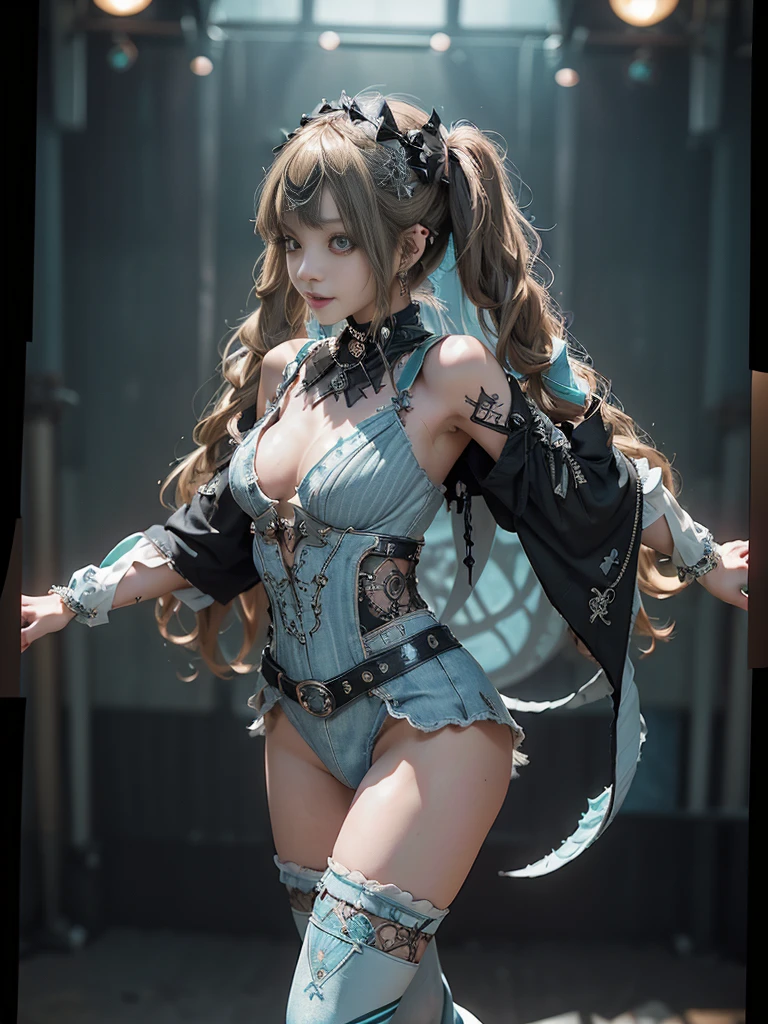 (Full Body View:1.4)、(Side view:1.2)、(Smiling with teeth showing:1.3),(Shibuya Gal:1.5)、(Gothic ta style fashion:1.5)、(Punk RockVisual Kei:1.5)、(Wearing a rhythmic gymnastics bodysuit with intricate details:1.4)、(Cloak de cour with delicate decorations in white, denim and turquoise:1.5)、(Denim with turquoise and white boots:1.3)、((belt))、(Numerous delicate logo marks all over the costume:1.4)、(collar:1.3)、(Striped underwear:1.5)、30 years old、NSFW、((Highest quality、In 8K、masterpiece:1.3))、Sharp focus:1.2、(Layered Cut、Beautiful boobs:1.1),Beautiful woman with perfect figure:1.4、(Sexy Gravure Pose:1.3)、Slender Abs:1.2、Highly detailed face and skin texture、Detailed eyes、double eyelid,(Twin tails:1.3)、(Brown-golden hair:1.3)、Gravure idol、(The background is the stage of the fashion show:1.3)、(Slim Body:1.3),(Make your legs thinner:1.4),(clavicle:1.1)、(Thin thighs:1.2)