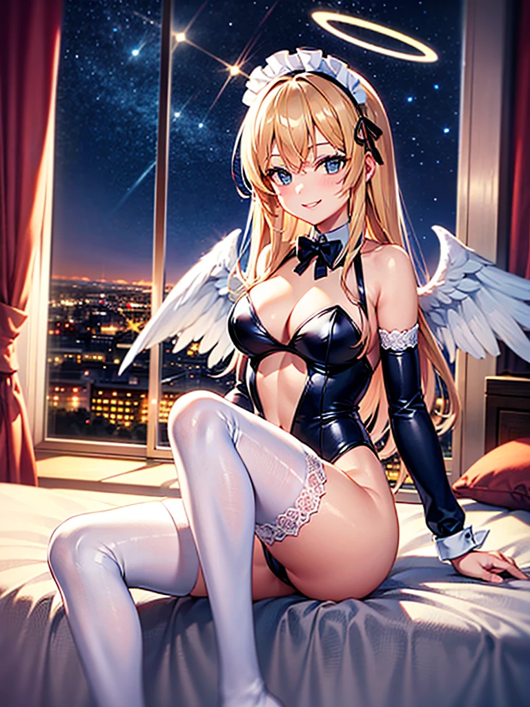 Highest Resolution,8K quality,Smiling beautiful girl in maid leotard,High leg,Frills,White angel wings on your back,Halo,Bedroom,Night view outside the window,Very beautiful eyes,whole body,front,Knee-high stockings,