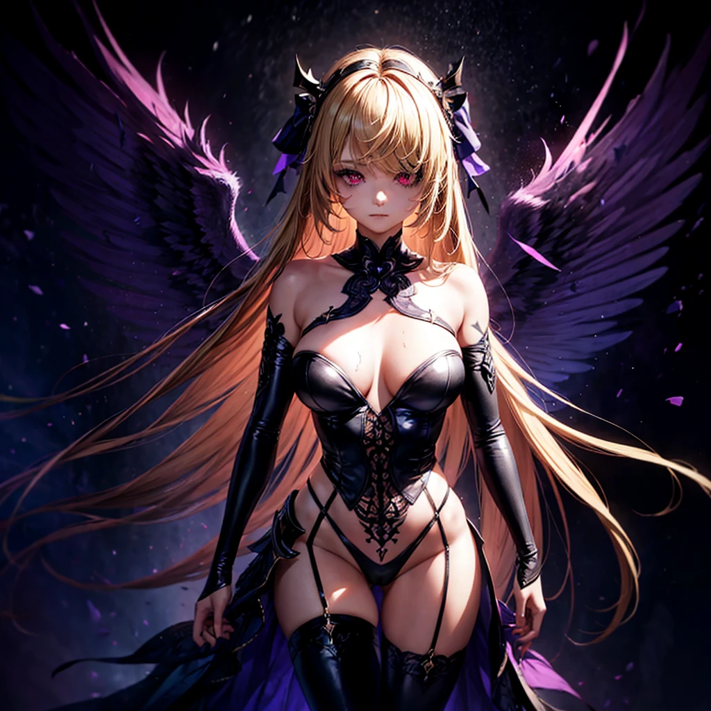 (1 girl, standing alone, AngelT), pink eyes, blonde hair with purple tips, long straight hair, black pants, partially nude, tempting outfit, tattoo marks on the body, wings, gaping mouth, looking ahead at viewer, eyes wide open, confused expression, black goddess, Veil on head, sleeveless divine outfit,ultra realistic skin, breasts big, air of mystique,4K, ultra realistic skin