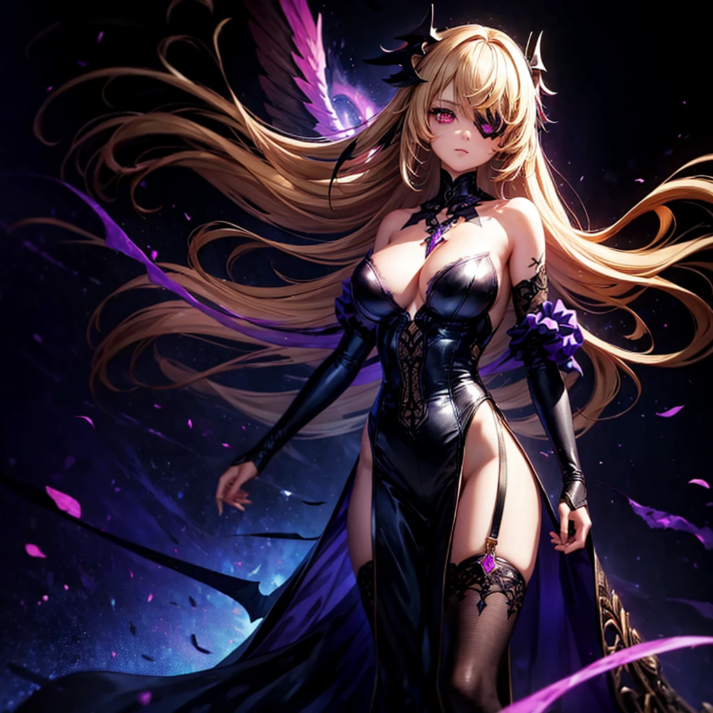 (1 girl, standing alone, AngelT), pink eyes, blonde hair with purple tips, long straight hair, black pants, partially nude, tempting outfit, tattoo marks on the body, wings, gaping mouth, looking ahead at viewer, eyes wide open, confused expression, black goddess, Veil on head, sleeveless divine outfit,ultra realistic skin, breasts big, air of mystique,4K, ultra realistic skin