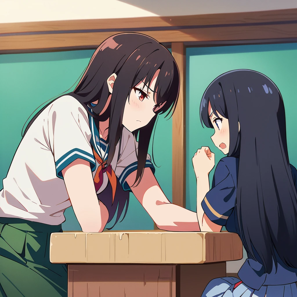 1 girl、(Black Hair、Semi-long hair:1.2)、(high school student、uniform)、(Arm wrestling with friends:1.3)、Brave look、School classroom、(Highest quality、masterpiece、High resolution、detailed)anime style、Flat Style、(Shining Eyes、Beautiful Face), break,anime