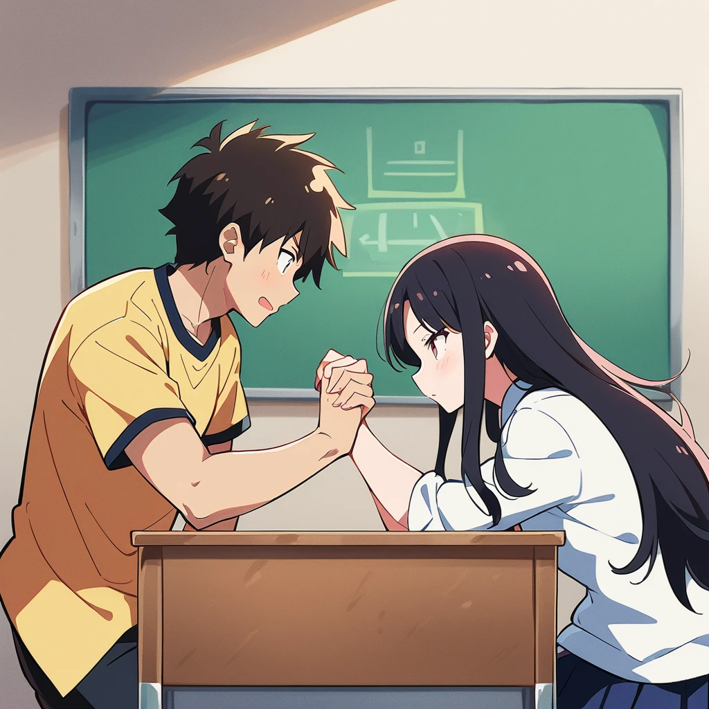 1 girl、(Black Hair、Semi-long hair:1.2)、(high school student、uniform)、(Arm wrestling with friends:1.3)、Brave look、School classroom、(Highest quality、masterpiece、High resolution、detailed)anime style、Flat Style、(Shining Eyes、Beautiful Face), break,anime