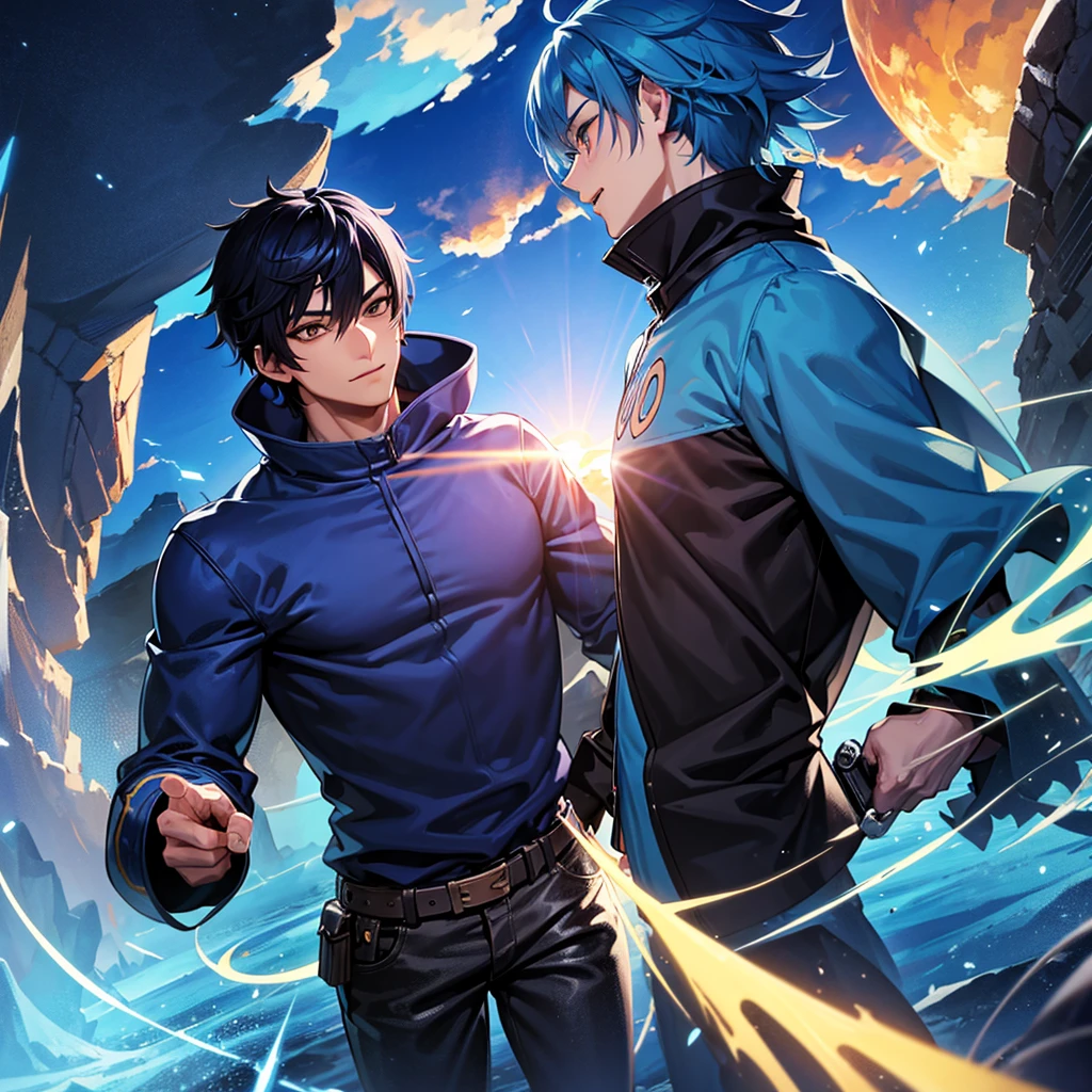 a guy with blue wings that looks like he is a Japanese anime style, Gaming texture, manga cover style, hero VConUPLE, A close up of A man Person Walking Facing Right, high angle perspective, a Mouth Smile, Boys Face style, Black with Blue Japanese Hairstyles For Men, Yellow_Eyes, skill Efforts, light, Blue flames cool, High, a anime Highest style, Blue Hair, powerful, T-shirts, Color cape Blue, a in cool Realistis, a scenery sunset background Buram Perbesaran, digital anime style, sunset, UHD, Lens flare, digital Style, manga cover style, 3d cg rendering, HD Best quality