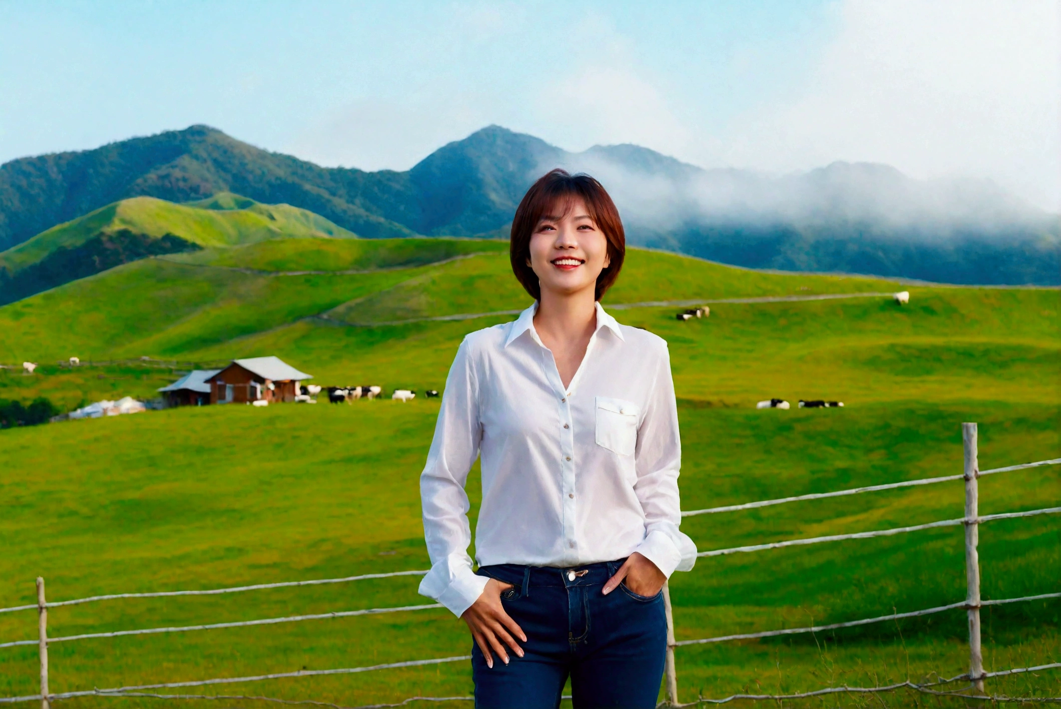 high quality, 1 woman, ((36 years old 건강한 한국 여성)), ((36 years old)), 1 woman, The eyes are big and beautiful. ((slim)), ((short medium hair)), laugh. pose: standing, white sex shirt , casual pants, background: 1 woman, California, pasture, cattle, dawn, Fog, With a 16-35 wide angle lens , look up to the side, cattle가 풀을 뜯는다