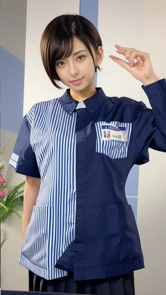 Close-up, Seducing at the cash register in a LAWSON uniform, Short hair pinned up, Big breasts 