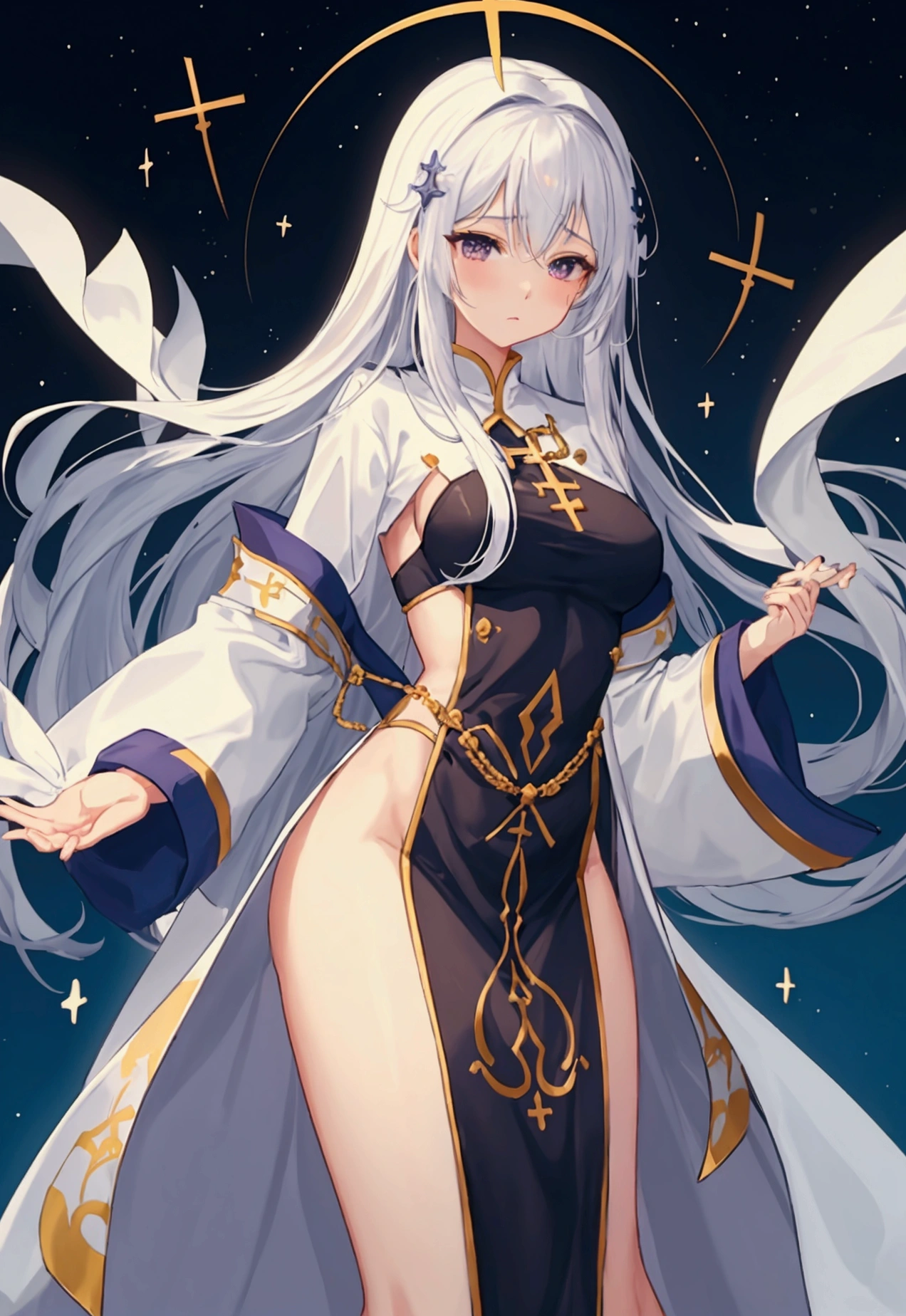 Profession：Priest of the Saviour Church 　age：26 years old 　gender：female 　Body Type：Slim and toned body、Waistline。Long legs。Double。eyelashes are long。顔立ちは整った美people 　Breast Size：c 　hair：Brown close to black 　skin：white 　height：About 165cm 　body weight：Approx. 55kg 　clothing：Clothing and accessories are free。whiteいローブ。A silver cross, a sacred symbol, on his waist。 　character：A little modest, but with a strong core。Strong faith、people々I feel it is my mission to save。The sense of mission is too strong、Sometimes it can be nerve-wracking。 ability：Healing。guidance。Healing Magic。enchantment。sword、bow。Miracles through faith in God。