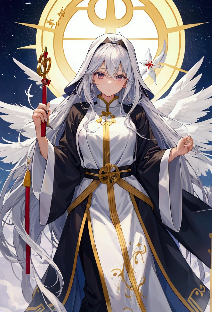 Profession：Priest of the Saviour Church 　age：26 years old 　gender：female 　Body Type：Slim and toned body、Waistline。Long legs。Double。eyelashes are long。顔立ちは整った美people 　Breast Size：c 　hair：Brown close to black 　skin：white 　height：About 165cm 　body weight：Approx. 55kg 　clothing：Clothing and accessories are free。whiteいローブ。A silver cross, a sacred symbol, on his waist。 　character：A little modest, but with a strong core。Strong faith、people々I feel it is my mission to save。The sense of mission is too strong、Sometimes it can be nerve-wracking。 ability：Healing。guidance。Healing Magic。enchantment。sword、bow。Miracles through faith in God。