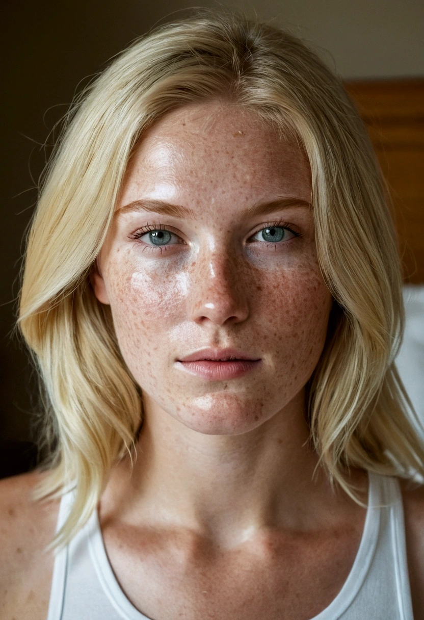 summer6, portrait d'a beautiful blonde, detailed skin texture, light freckles, in her bedroom, front view