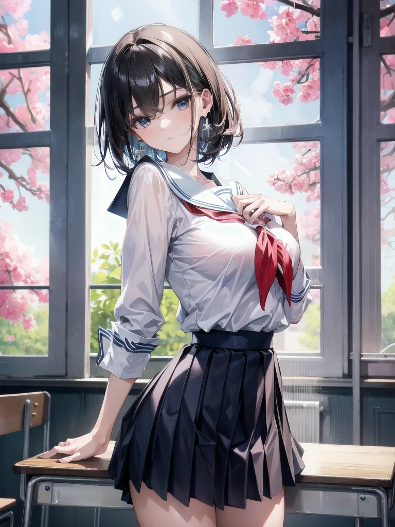 One woman, photo quality, 8K CG, perfect and beautiful face, 18 years old, classroom, perfect and beautiful legs, very precise and beautiful blue eyes, short hair, looking backwards over shoulder, sunset, blue girl School uniform, arms folded behind, very precise and perfect fingers, both arms in the correct position, very short skirt, light wind, brown hair, angle from below