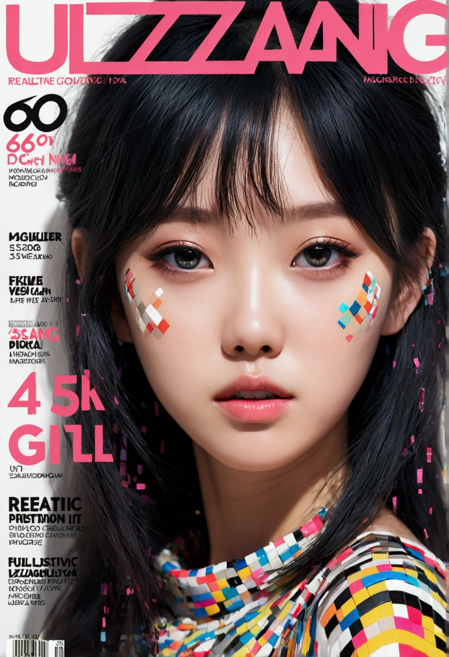 (Magazine Cover:1.3),Urzan-6500, (Realistic: 1.3) (original: 1.2), masterpiece, Highest quality, Beautiful pretty face, whole body, One girl, Glitch Art, (Digital Distortion), Pixelated Fragments, Data Corruption,Colorful Noise, Visual clutter,Modern aesthetics