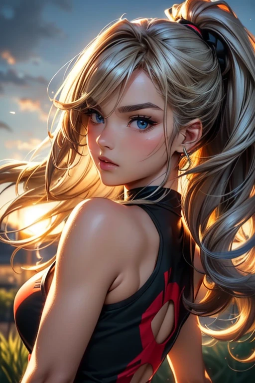 #Basics A girl is posing for a photo, animeのかわいい女の子, (((One Girl)), ((Baby Face)), ((Young girl)), (())),
BREAK
#Clothing Accessories
(White on black)Tank top + (red on black)Sports pants + Red open finger gloves:1.5, Black sneakers),
Gold hoop earrings, Silver Necklace,
BREAK
#Features
((Blonde)), (Curly hair), (ponytail : Long Hair + Fuller, more voluminous hair + Inwardly curled hair + Hair blowing in the wind),
(Very thin eyebrows:0.5
(Droopy eyes, blue eyes), (Small breasts),
BREAK
#background environment
(noon、(Sunlit park, grass)),
#Facial Expression Pose
((Serious expression), (Jogging pose)),
#composition
((Face the camera, Diagonal front angle, Cowboy Shot:1.4)),
BREAK
#Body parts elements
(Detailed hair, Beautiful Hair, Shiny Hair),
(double eyelid, Long eyelashes),
(Expression of fine eyes, Beautiful and delicate eyes, Sparkling eyes, Eye Reflexes, Glitter Eyeliner),
(Human Ear),
(Beautiful Nose, Thin Nose),
(Glossy lips, Beautiful Lips, Thick lips, Glossy Lips, Natural Cheeks),
(Detailed face, Symmetrical facial features),
(Detailed skin, Textured skin, Beautiful Skin, Shiny skin),
BREAK
#Quality
(((Highest quality)), ((masterpiece)), ((Very detailed))), ((High resolution), (16K,1080P)),
(Realistic), (Anatomically correct),
((comics, anime)), (3DCG), CG illustration,