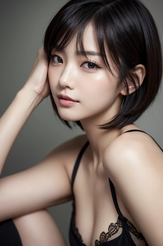 (8k, RAW Photo, Best Quality, Masterpiece:1.2), Ultra Detail, Super Resolution, (Realistic, Realistic Photo:1.37), Portrait, High Detail RAW Color Photo, Professional Photo, Extremely Detailed and Beautiful, Extremely detailed, 8k wallpaper, amazing and detailed, huge file size, official art, highly detailed CG unity 8k wallpaper, highly detailed beautiful girl, highly detailed face, highly detailed eyes, highly detailed skin, highly detailed fingers, highly detailed nose, very detailed detailed mouth , perfect anatomy, highly detailed background, highly detailed clothes, 1girl, (20:1.2), 20s, cute girl, realistic body, , fair skin, glowing skin , slim body, handsome body, black hair , short hair, (blunt bangs:1.2), smile, cute, youthful, cute face, realistic face, delicate eyes, drooping eyes, lingerie, see-through, earrings, looking at viewer, cowboy shot, facing front, standing posture, Contraposto, dynamic lighting, very large breasts, cowboy shot