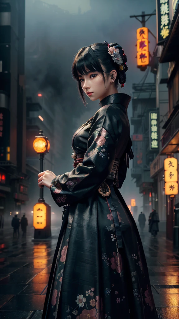 ((Highest quality)), ((masterpiece)), (Very detailed: 1.3), 3d, (dark: 1.3), (fog: 1.2), Cyberpunk City, Beautiful cyberpunk woman 1 girl, (sf: 1.3), (((taisho roman)), Nematic Lights, Face Focus, Machinery bag, Dense floral patterned fabric, rain,