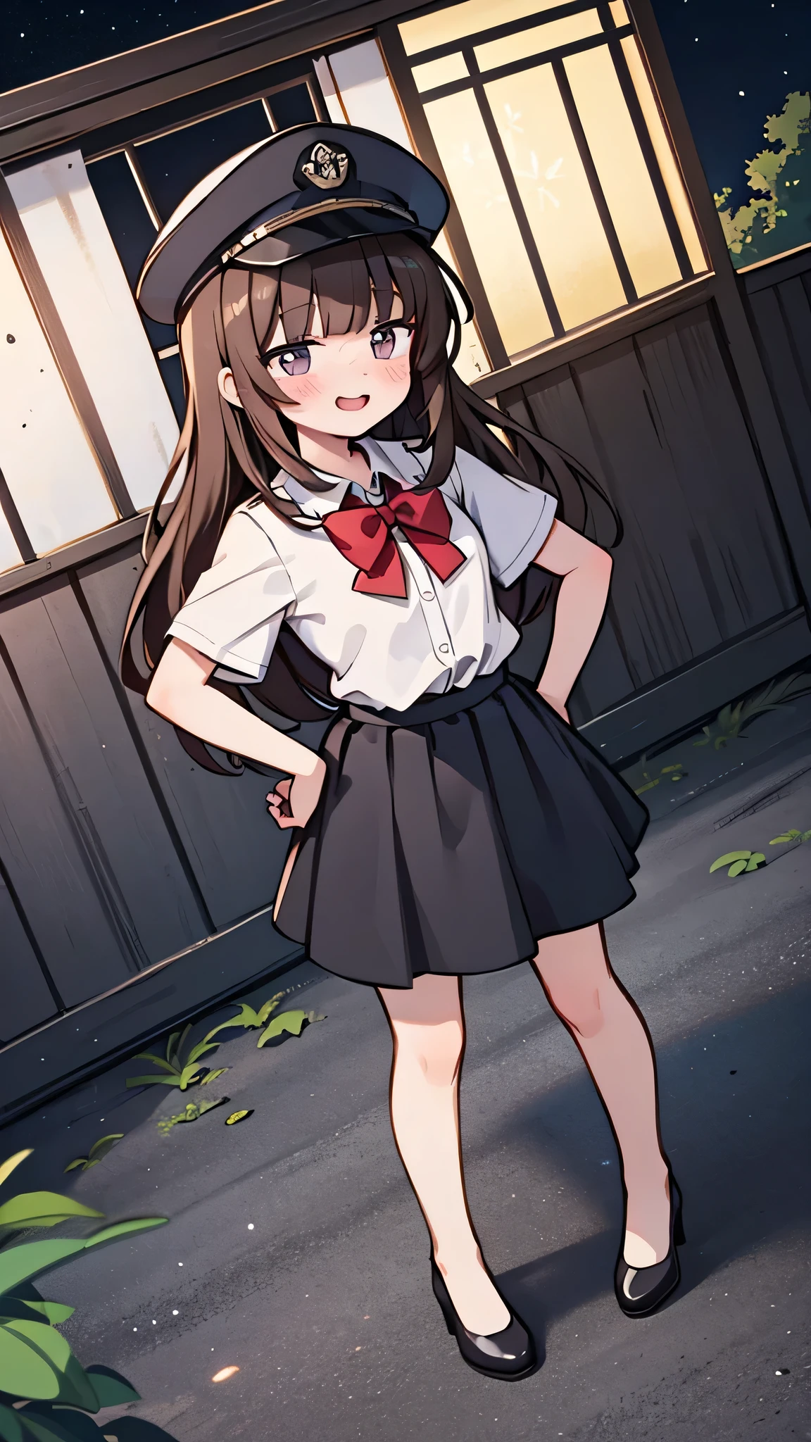 {Highest quality}, {Super beautiful},{Ultra fine},{Best illustration},Brown Hair,Hime cut,semi-long,Bangs,Standing Woman,Uniform cap,White Shirt,Short sleeve,Long black skirt,Night Park,Embarrassed,smilingly,Blushing,Slender women, A woman wearing plain black pumps,Bare feet and pumps,From an angle,From above,Place hands on hips,