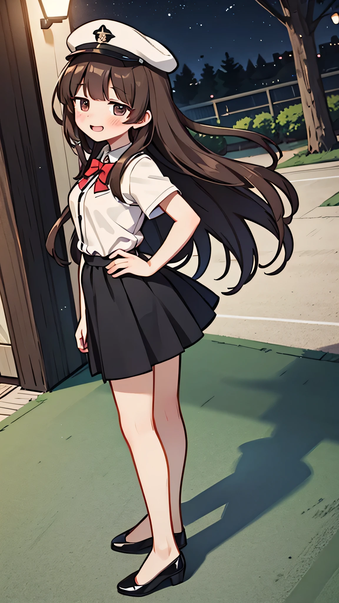{Highest quality}, {Super beautiful},{Ultra fine},{Best illustration},Brown Hair,Hime cut,semi-long,Bangs,Standing Woman,Uniform cap,White Shirt,Short sleeve,Long black skirt,Night Park,Embarrassed,smilingly,Blushing,Slender women, A woman wearing plain black pumps,Bare feet and pumps,From an angle,From above,Place hands on hips,