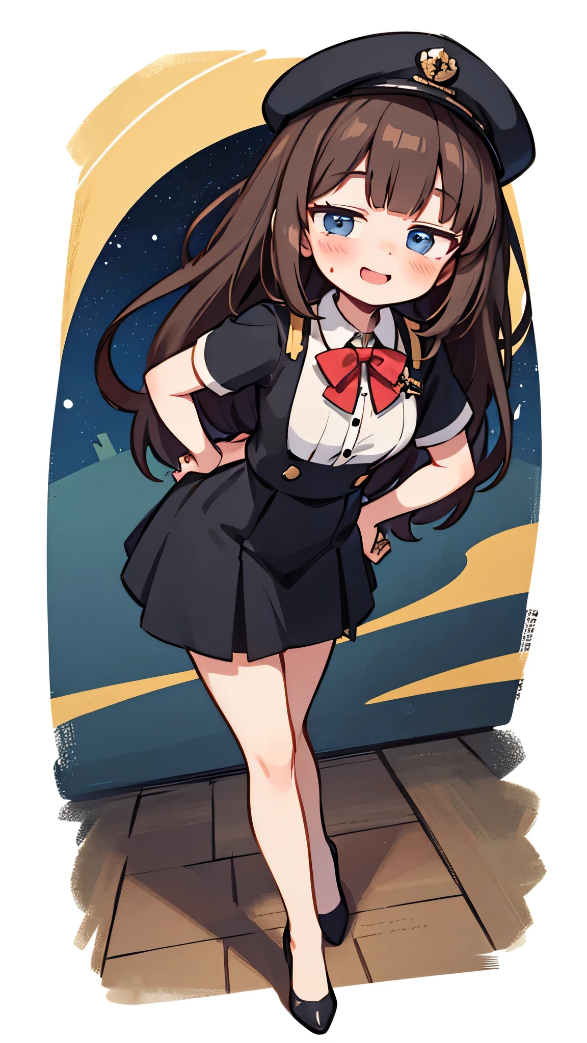 {Highest quality}, {Super beautiful},{Ultra fine},{Best illustration},Brown Hair,Hime cut,semi-long,Bangs,Standing Woman,Uniform cap,White Shirt,Short sleeve,Long black skirt,Night Park,Embarrassed,smilingly,Blushing,Slender women, A woman wearing plain black pumps,Bare feet and pumps,From an angle,From above,Place hands on hips,