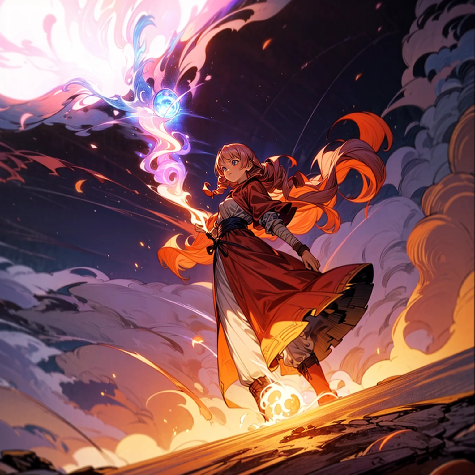 1woman, 1character, woman version, blue eyes, long Curly haircut, pink colour hair, Ancient Roman clothing, red colour clothing, long dress, boots, Bandage on hand, Grassroots, background in field town, motion blur, fire burned in hand, (dragon ball style art), (high angle view), smoke effect, aura effect, blue lighting, (the largest blue fireball), Moonlight, moon, blue fireball light silhouette, blue fire, lightning flash, plasma effect 