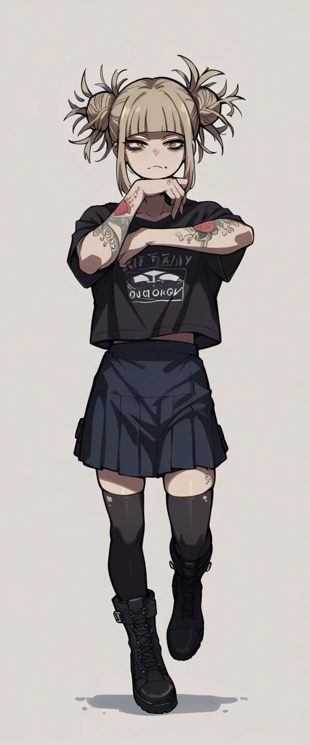 Himiko Toga wearing a black sweatshirt, black boots and a short skirt with black stockings (tattoos on arms and hands) (cuerpo completo)