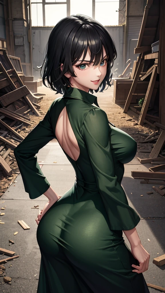 Anime art style, Fubuki from one punch man, green hair, white skin, wearing V-neck dress, standing on destroyed city, cinematic lights, blushing cheeks, smilling, looking back at viewers, big , big booty, NSFW, back view, beautiful scenery.